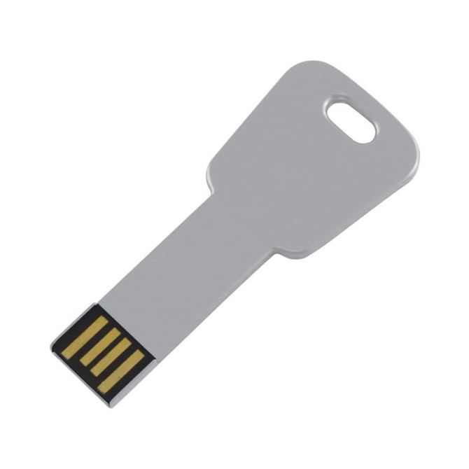 A silver USB flash drive shaped like a key, featuring a gold connector and a hole for easy attachment.