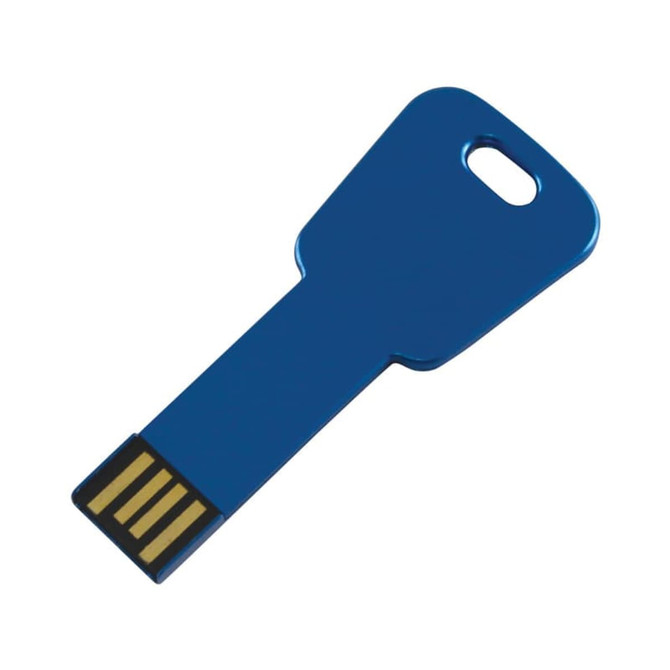 A blue USB flash drive designed in the shape of a key, featuring a metallic finish and a branding logo.