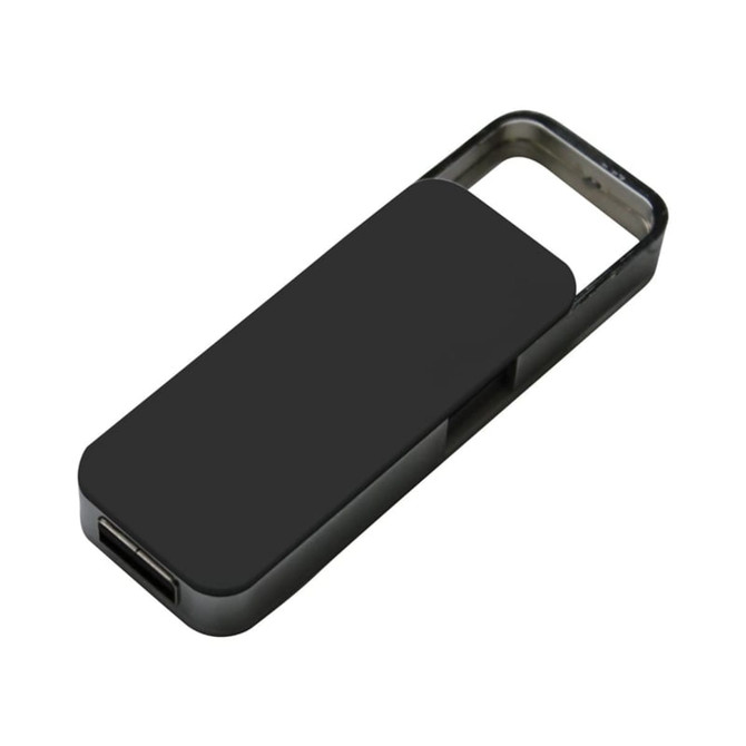 A black flash drive with a sleek design and a metallic frame, featuring a logo on the surface.