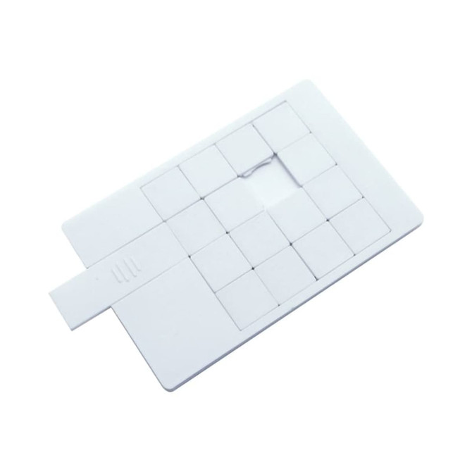 A white puzzle-shaped credit card flash drive with multiple panels and a side tab. It features a logo.