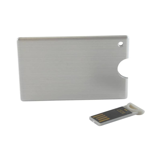A silver credit card-sized flash drive with a separate USB connector attached, featuring a branding logo.