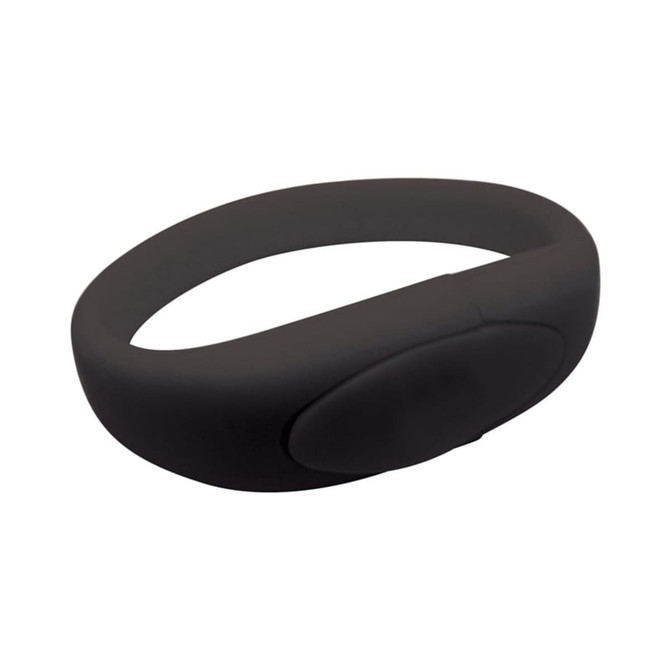 A black silicone wristband with a smooth finish and a raised area, featuring a logo.