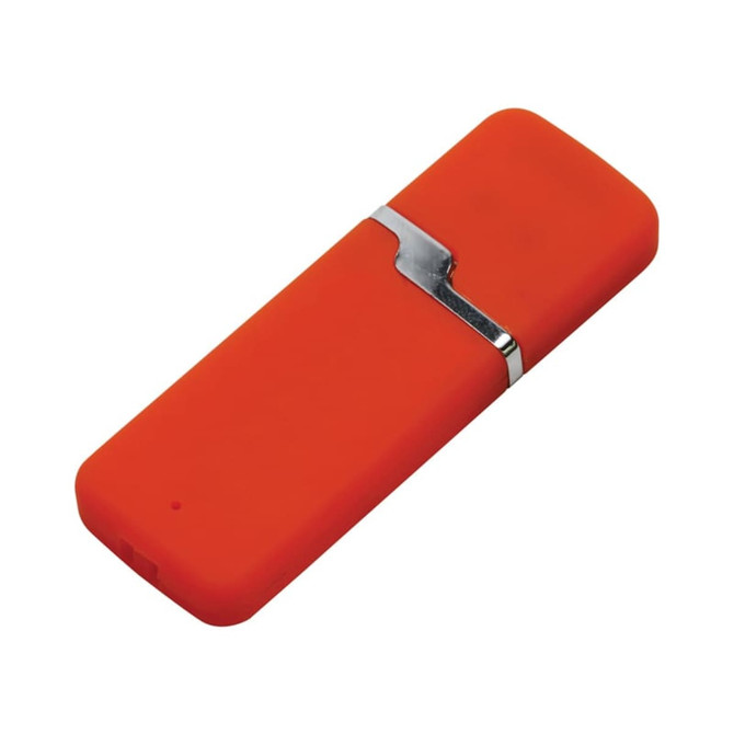 An orange flash drive with a silver metallic trim, featuring a branded logo.