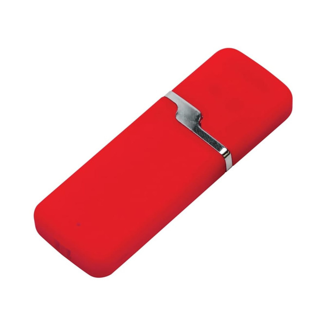 A red flash drive with a sleek silver accent, featuring a branding logo.