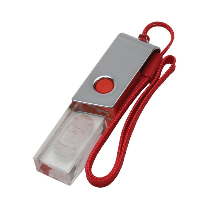 A red and silver 3D crystal swivel flash drive with a clear body and a lanyard attachment.