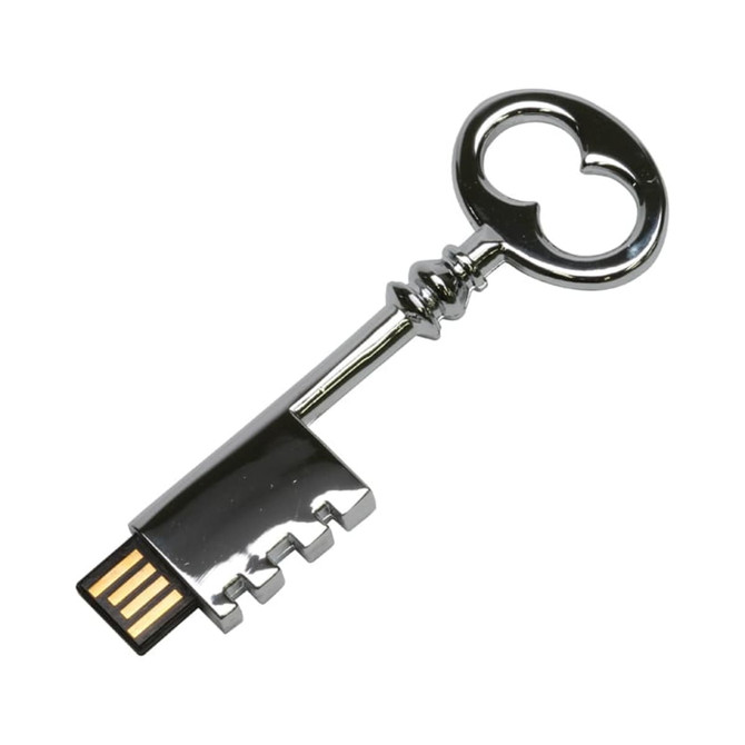 A silver skeleton key flash drive with a shiny finish and a USB connector at the end.