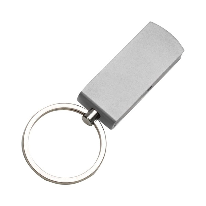 A silver flash drive with a keyring attached, designed for easy portability.