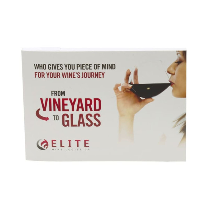 A promotional booklet featuring a woman sipping red wine, with a logo and text about wine logistics.