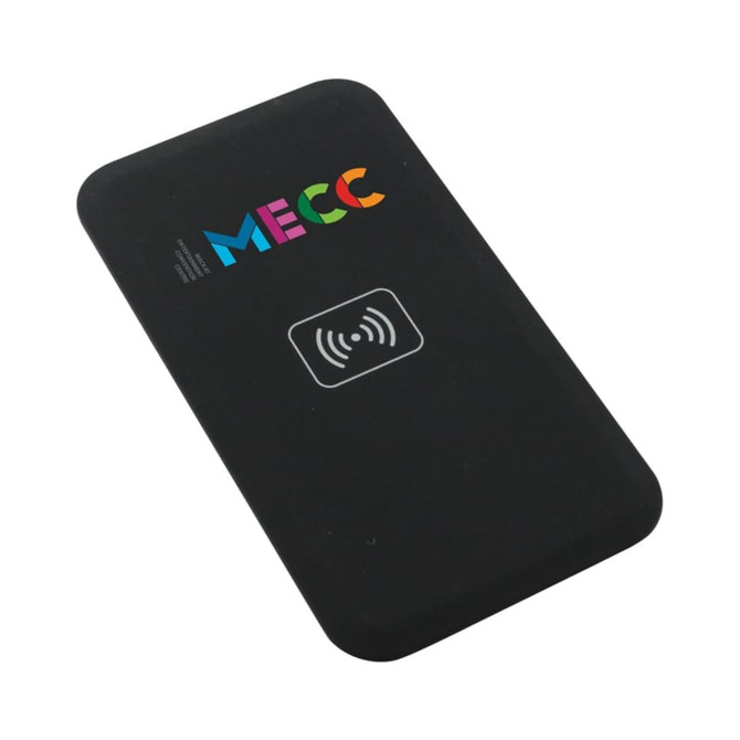A black wireless charger with a logo, featuring an icon for wireless charging on its surface.