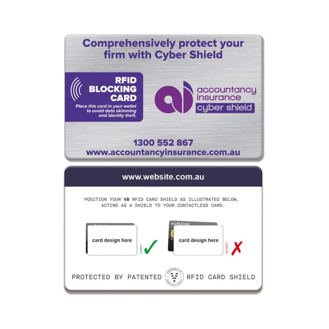A silver RFID card shield featuring an RFID blocking design and a logo. Includes space for card design.