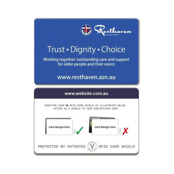 A blue RFID Card Shield with a logo, featuring instructions and space for card design.