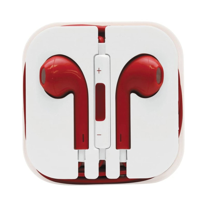 Red Razor Cabled Earphones neatly packaged in a white case with an in-line remote control.