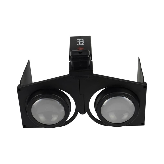 A pair of black VR fold glasses featuring large lenses and a central connection piece. Branding is present.