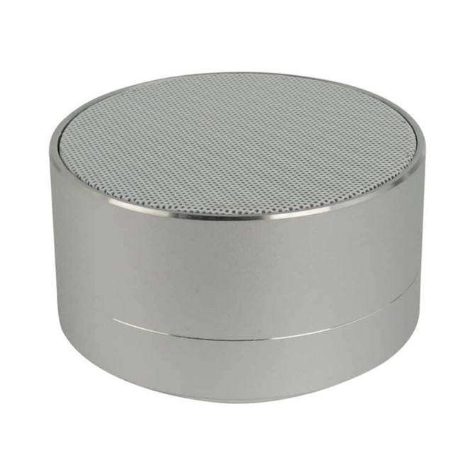 A silver Bluetooth speaker with a round design and a mesh top surface, featuring a sleek metallic finish.