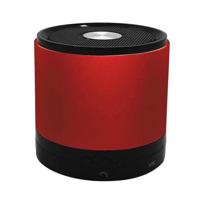 A red Bluetooth speaker with a black base and control buttons, featuring a sleek design and a coated top surface.