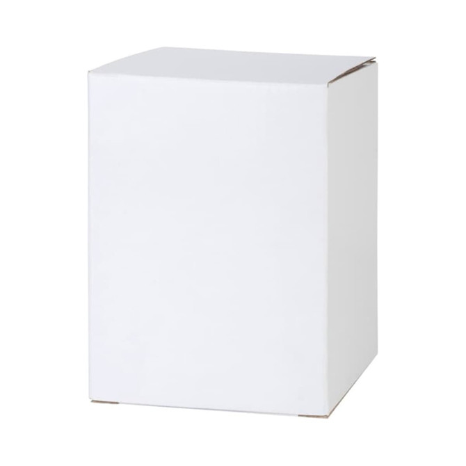 A plain white cardboard box with a square shape and a sealed top.