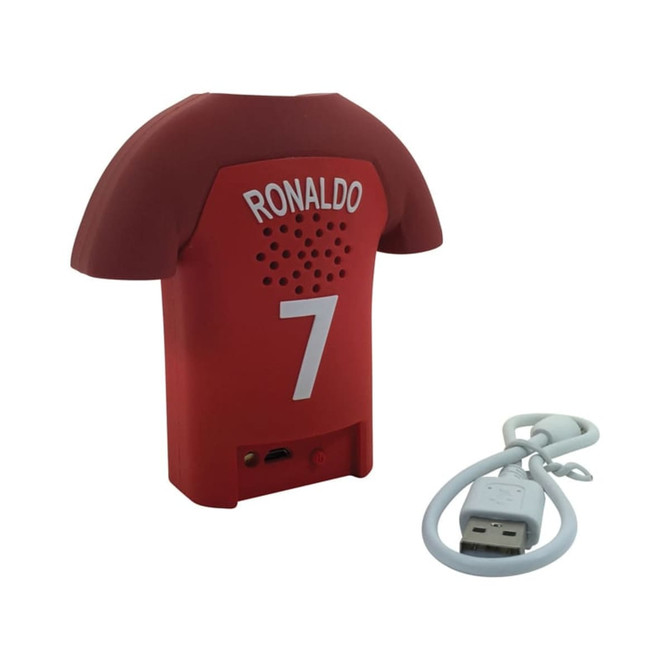 A custom moulded red Bluetooth speaker shaped like a jersey, featuring a USB cable and branding.