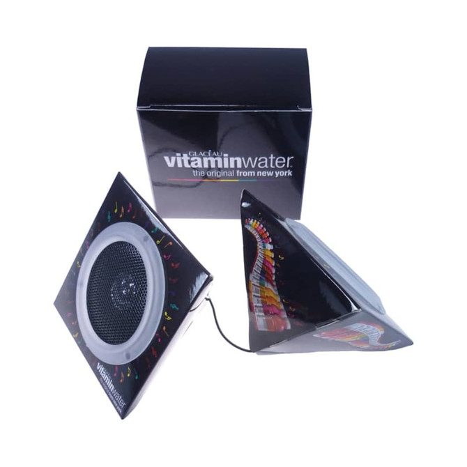 Pyramid foldable speakers in black with a colourful design, featuring a logo and a compact box for storage.
