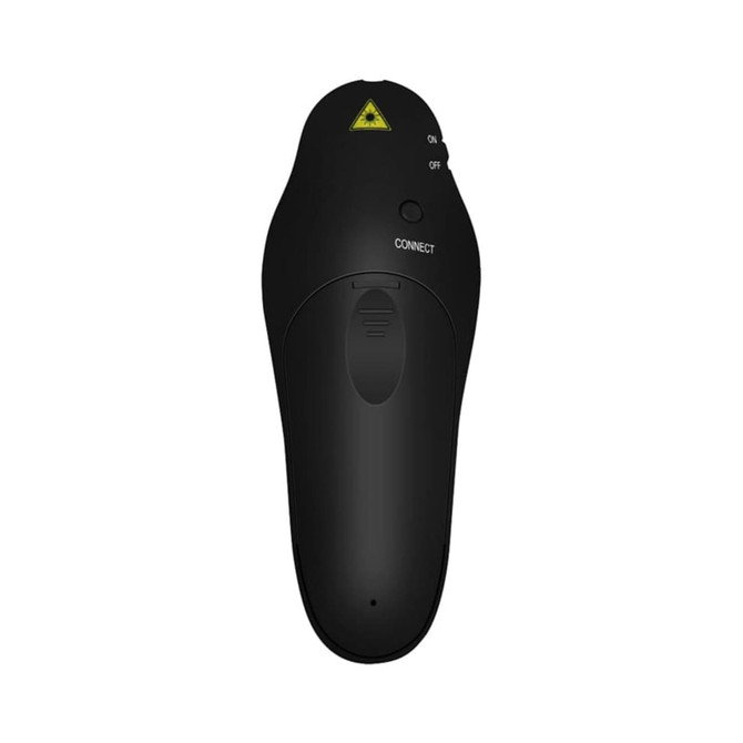 A black PowerPoint presenter with a connection button and an on/off switch, featuring a small logo.