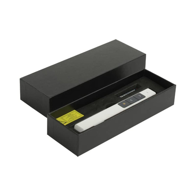 A white PowerPoint presenter in a black box, featuring buttons and a sleek design. The box has a logo inside.