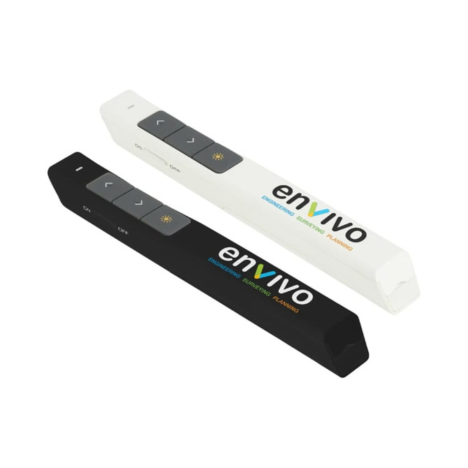 A black and white PowerPoint presenter featuring buttons for control, with a logo on the surface.