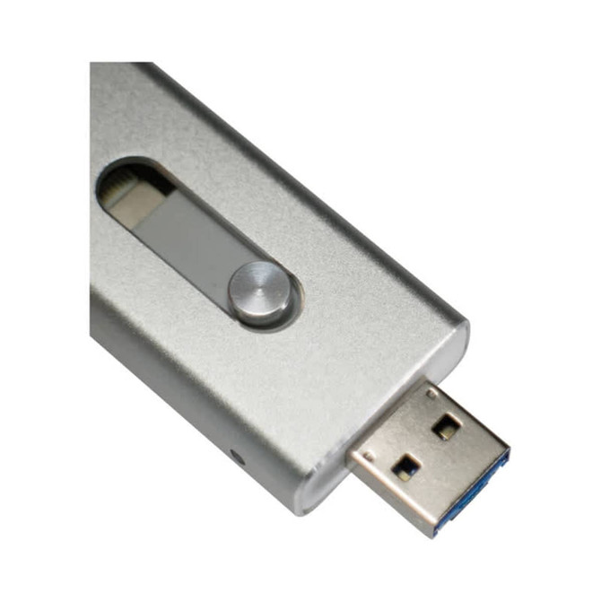 A silver USB flash drive with a sliding mechanism and a blue connector, featuring a logo on its surface.