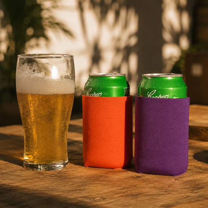 A drink bottle and two stubby coolers in orange and purple beside a glass of beer on a wooden surface.
