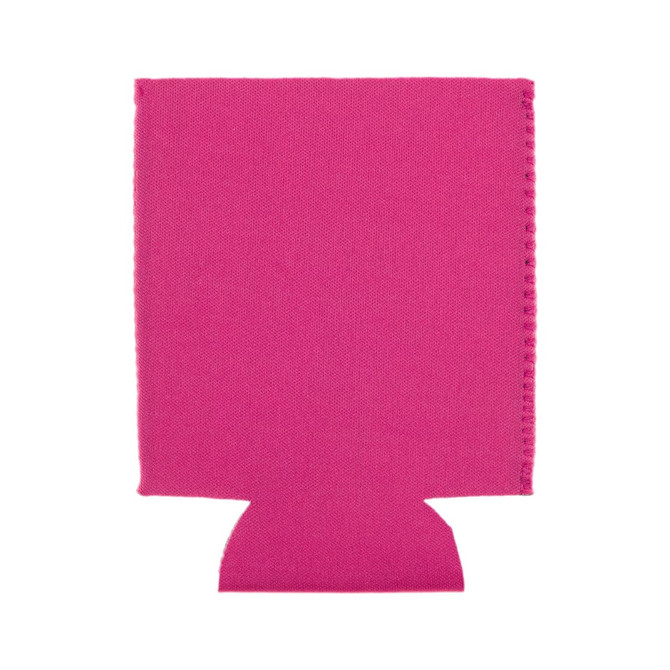 A pink stubby cooler with stitched edges, designed for holding drink bottles. It features a logo or branding.