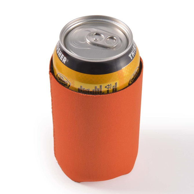 A drink can is encased in a vibrant orange surf stubby cooler, designed to keep beverages cold.