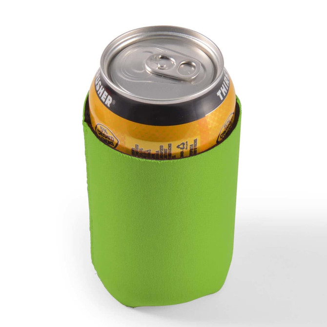 A drink can is nestled inside a bright green stubby cooler designed to keep beverages cold.