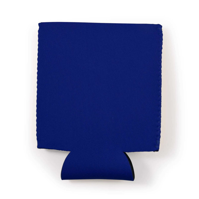 A blue stubby cooler with a fitted base and a smooth surface, featuring a logo on one side.