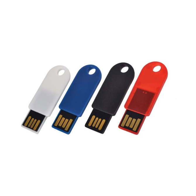 A set of four flash drives in white, blue, black, and red, each featuring a small hole for attachment and a logo.