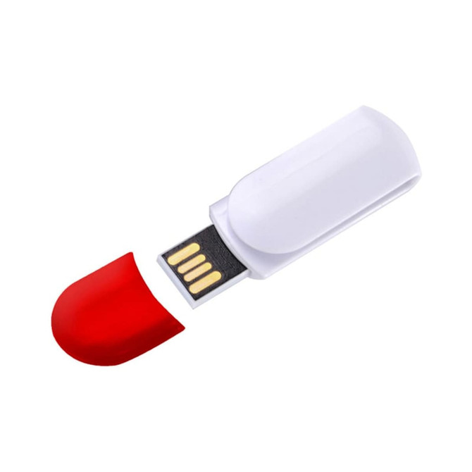 A white flash drive with a red cap, featuring a USB connector. The drive has a logo on its surface.