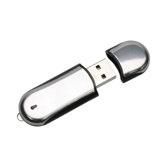 A silver and black Flante Curved Flash Drive with a removable cap. It features a logo on the body.