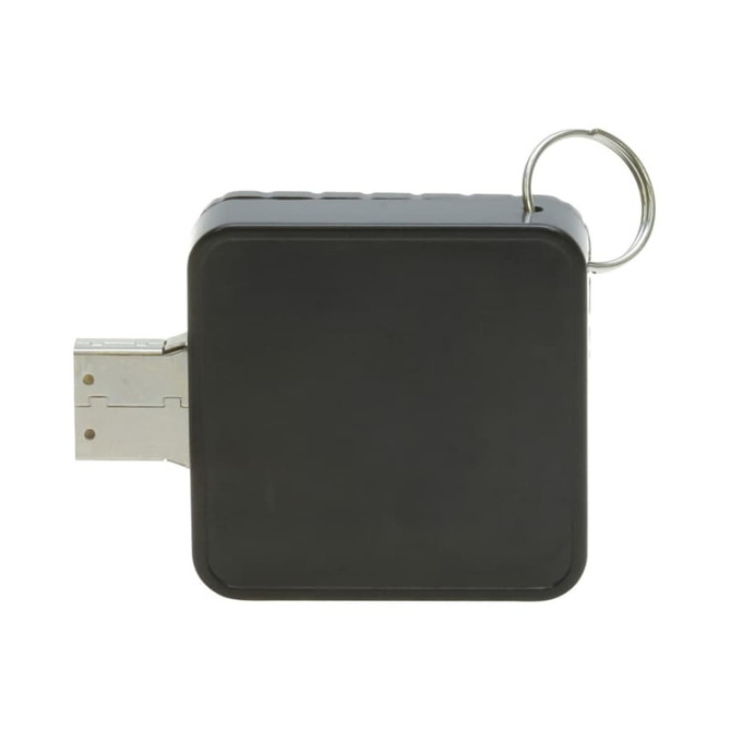 A square black flash drive with a metallic connector and keyring attachment. It features a branding logo.
