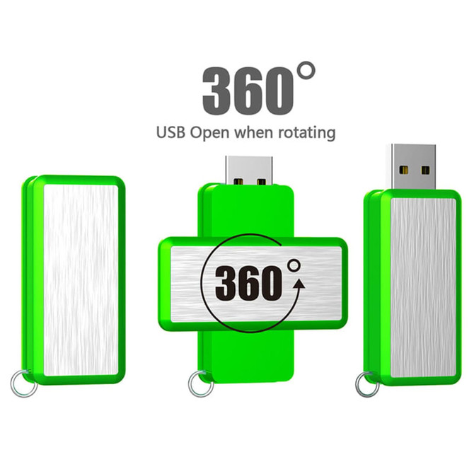 A green and silver USB flash drive with a rotating design and a keychain attachment.