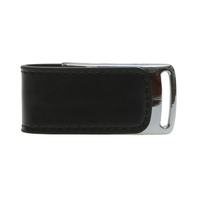 A sleek black leather flash drive with a silver metallic accent and a branding logo.