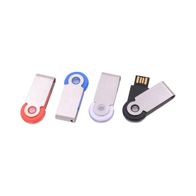 A collection of four swivel flash drives in silver, red, blue, purple, and black. Each drive has a unique design.