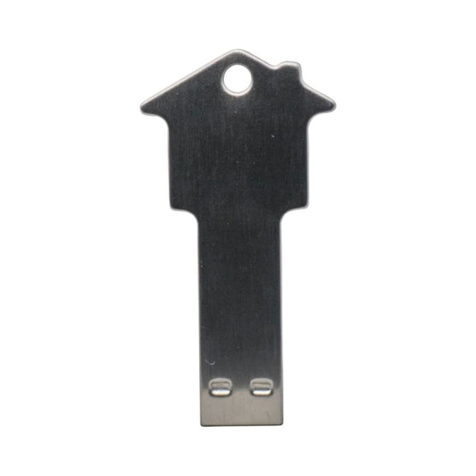 A silver USB flash drive shaped like a house key, featuring a keyhole and a hole for attaching a keyring.