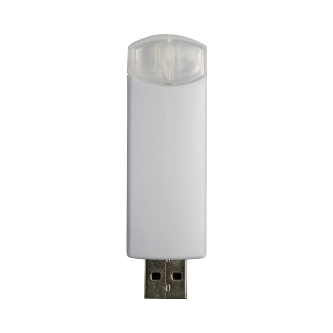 A white flash drive with a transparent cap and a metallic USB connector. It features a logo on the surface.