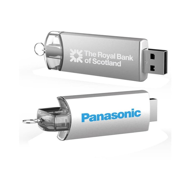 A silver metal flash drive with a transparent cap, featuring branding on both sides.