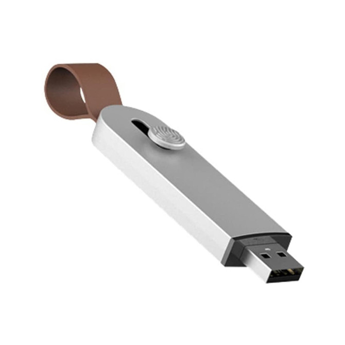 A silver and brown Avior Flash Drive featuring a sliding cover and a loop for attachment.