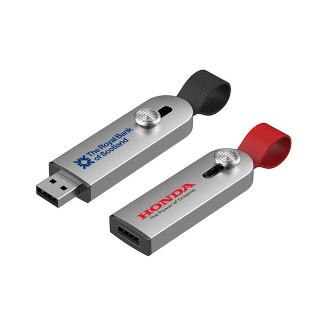 A silver flash drive with a black and red strap, featuring branding on both sides.