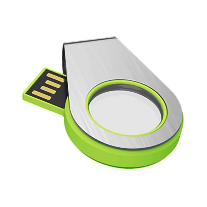A green and silver light-up flash drive with a circular design and retractable connector, featuring a logo.