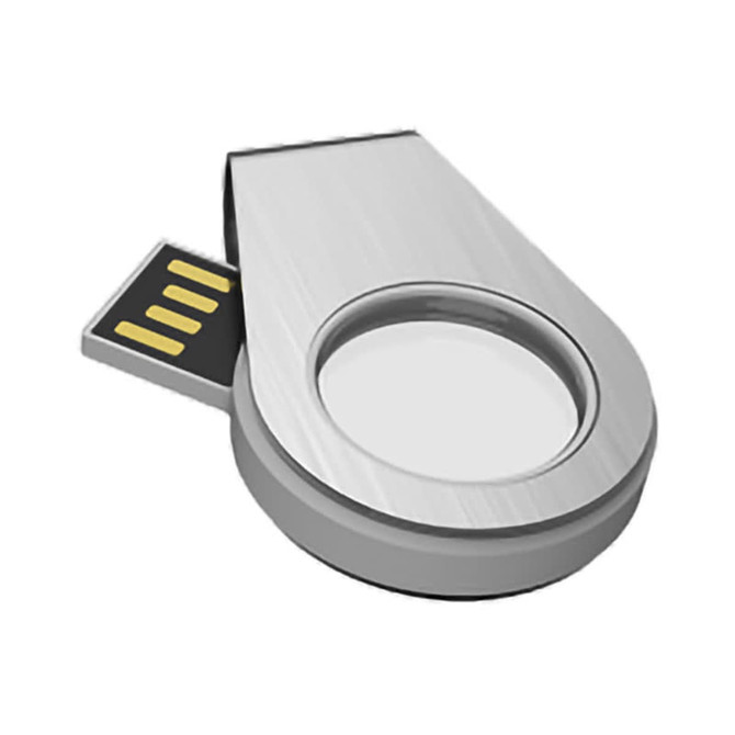 A silver light-up flash drive with a swivel design and a built-in USB connector. It features a logo on the surface.