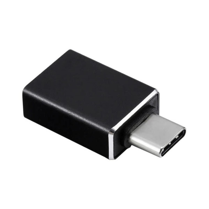 A black USB 3.0 to Type-C adapter with a sleek design and a metallic connector. Features a logo on the body.