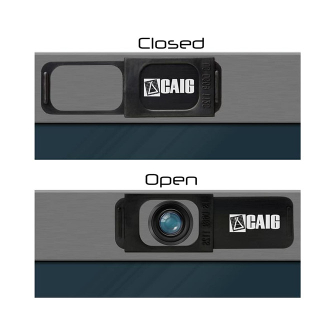 A webcam cover slide in black, shown in both closed and open positions, featuring a logo.