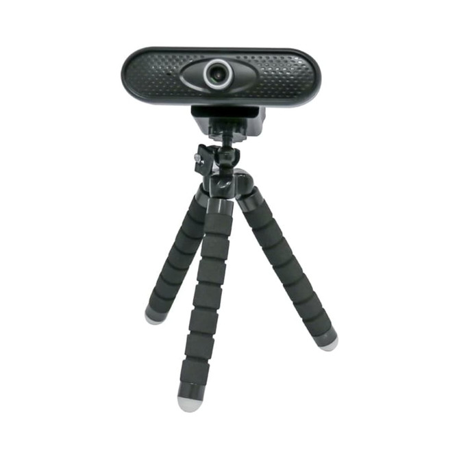 A black webcam camera mounted on a flexible tripod, featuring a textured surface and a lens.