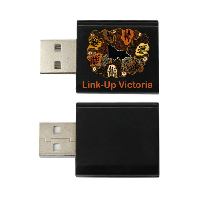 A black USB data blocker with a decorative logo on the front, featuring various designs and colours.