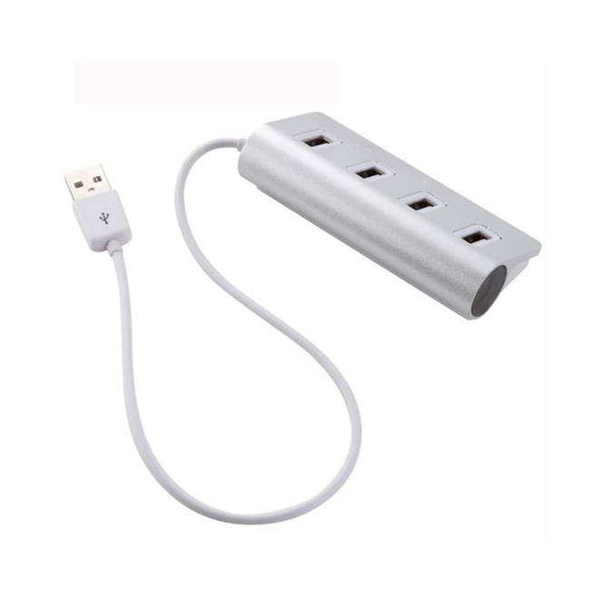 A silver USB hub with four ports and a connected USB cable. It features a slim, modern design and has a logo.